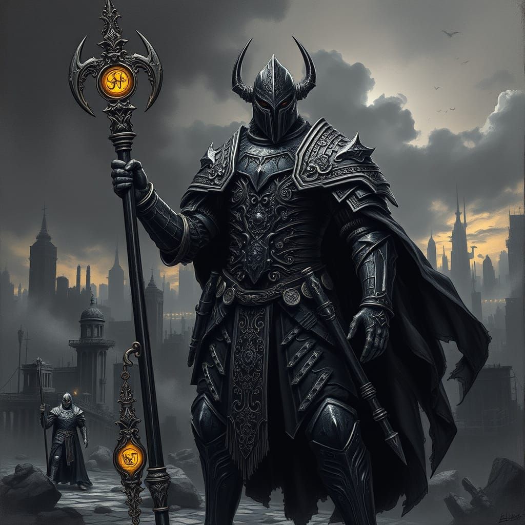 Majestic Warrior in Dystopian Ruins, Charcoal Drawing