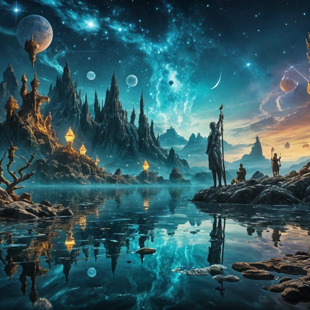 Surreal Masterpiece: Golden Structures in Shimmering Waters