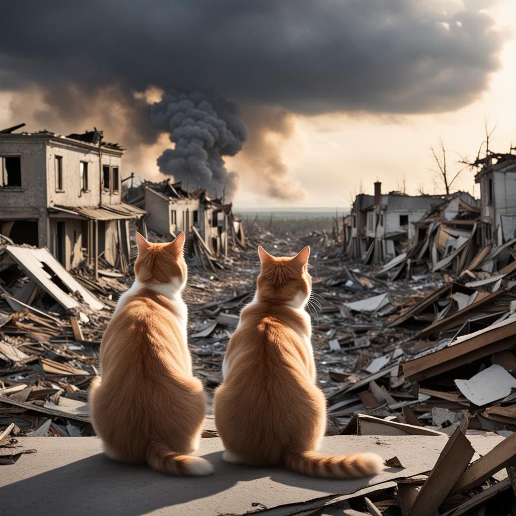 Cats Gaze Upon Destroyed Town with Melancholy