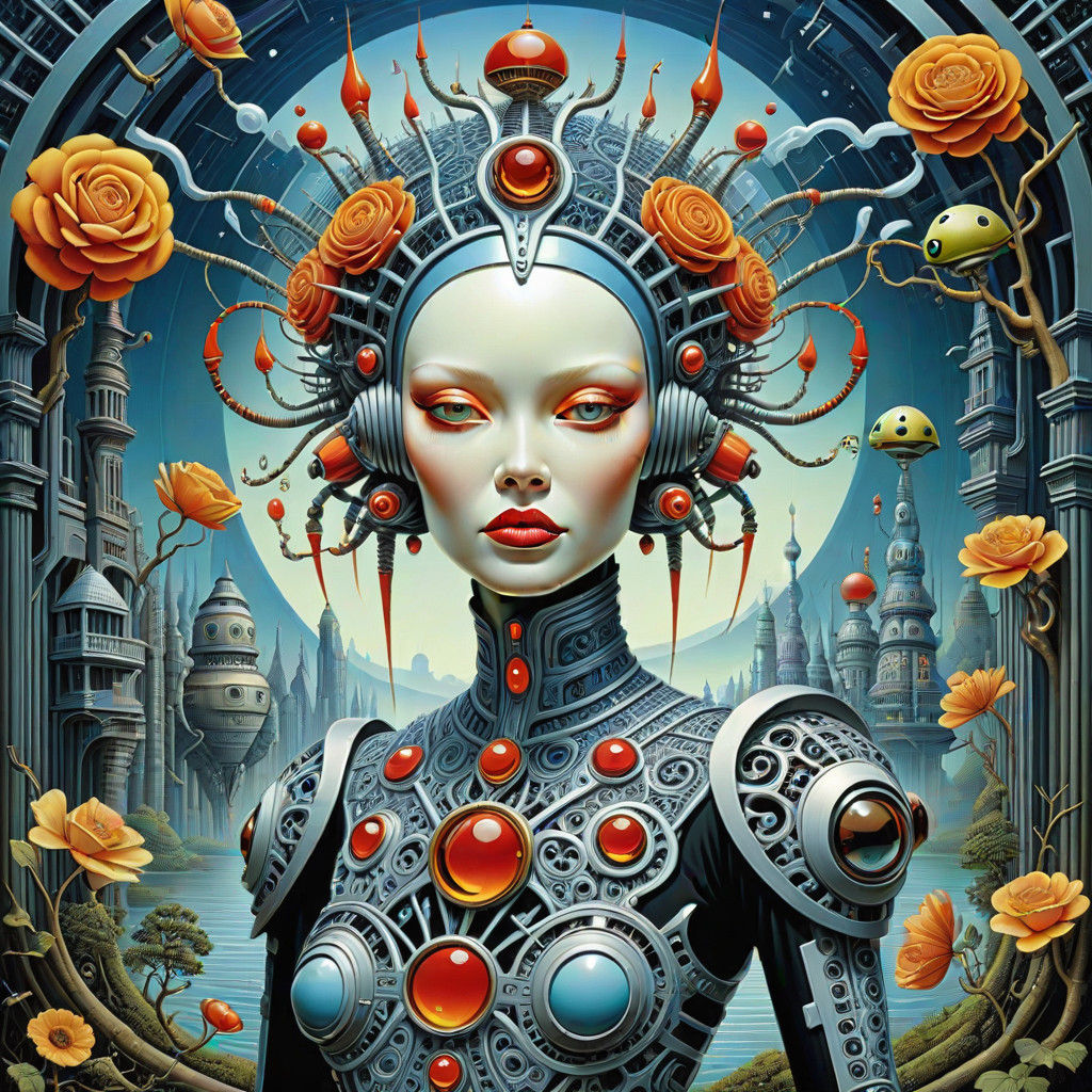 Cyberpunk Android Goddess in Futuristic Filigree Armor