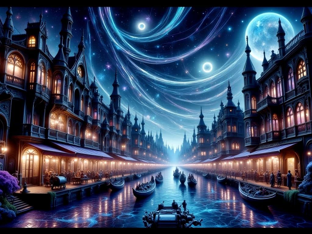 Venice Stardust Dreamscape with Skeletal Gondoliers