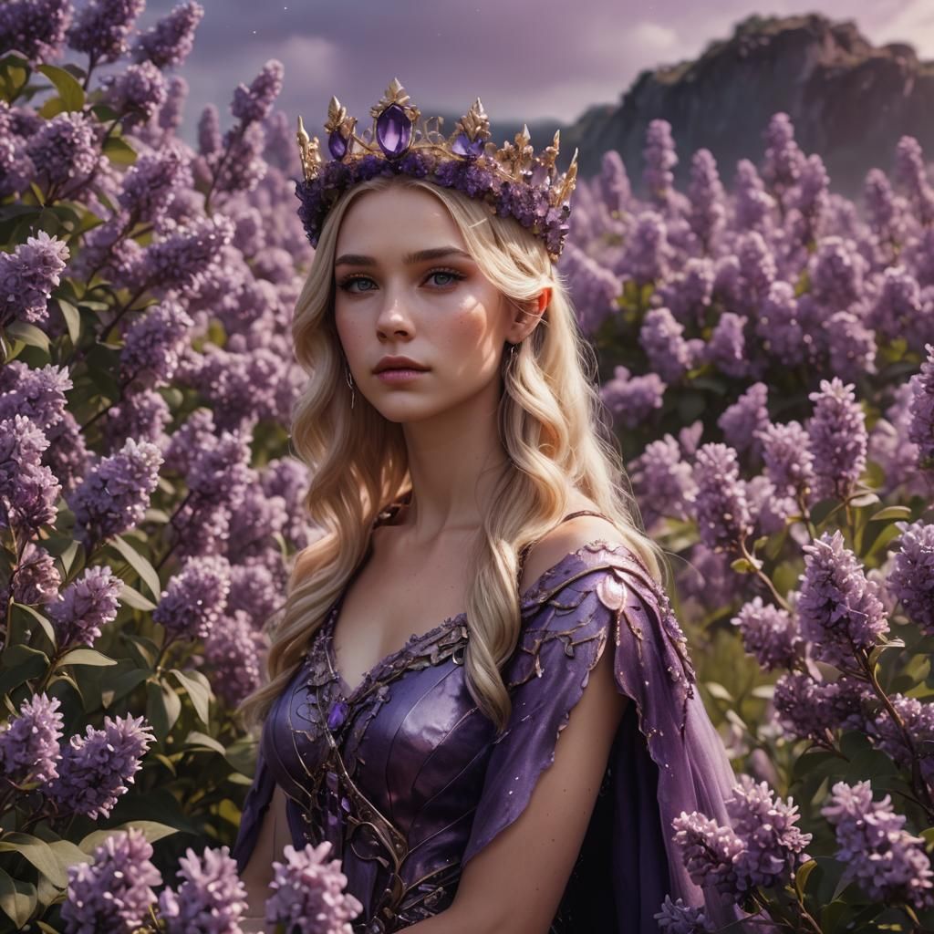 Blonde Woman with Amethyst Crown in Lilac Field