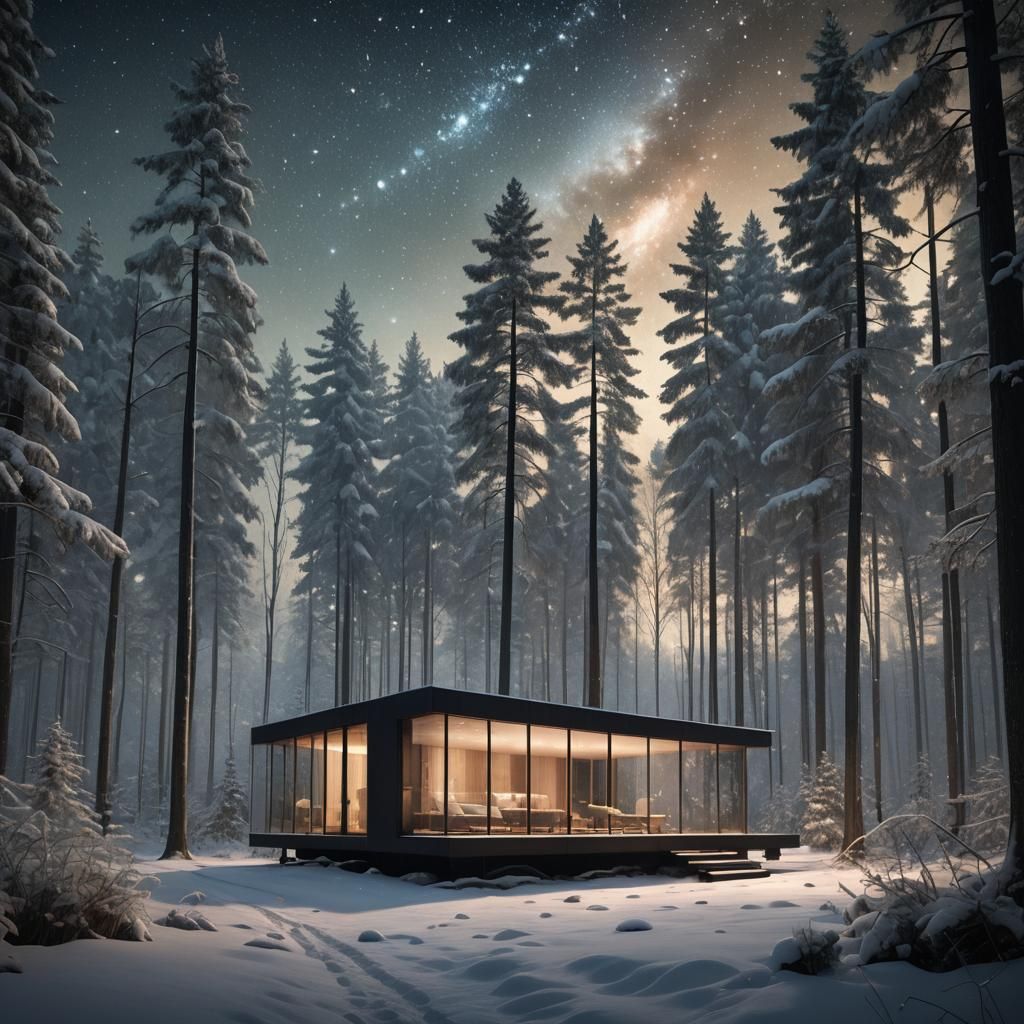 Modernist Glass Cabin in Starry Forest: Matte Painting