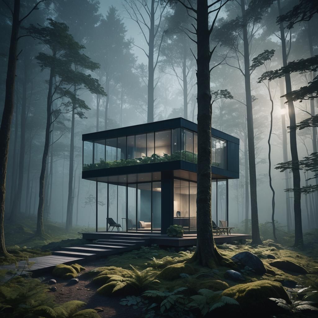 Ethereal Glass Cabin in Misty Forest: Matte Painting