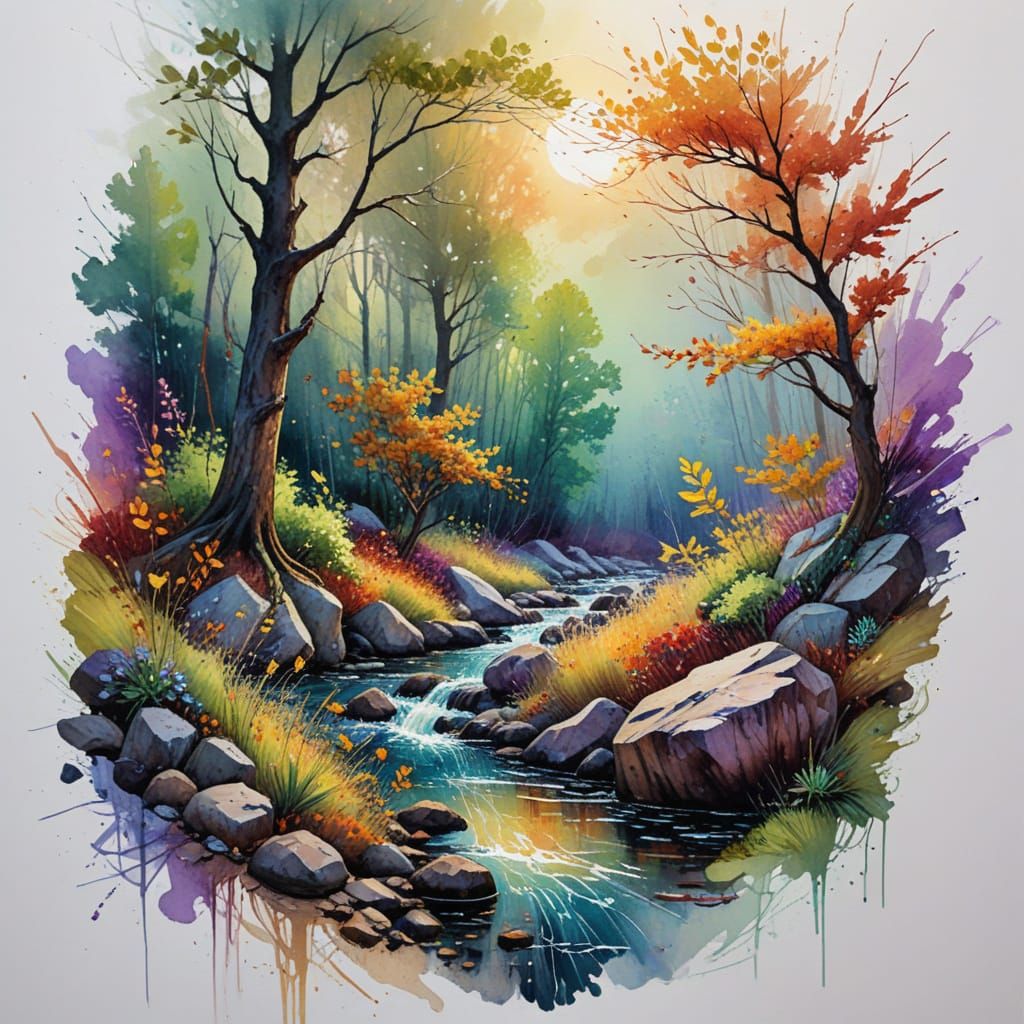 Autumn Forest Scene in Watercolor Style