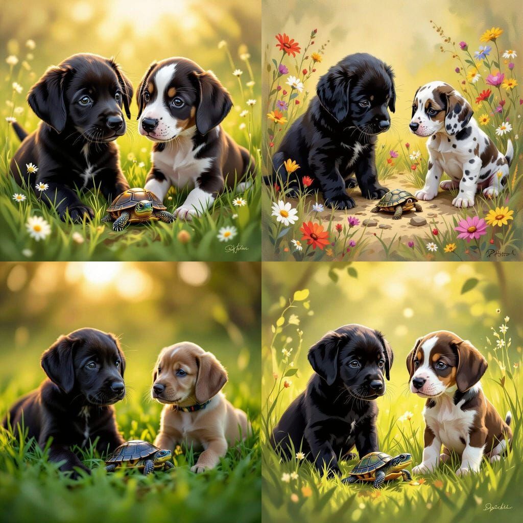 Adorable Puppies and Baby Turtle Play Together