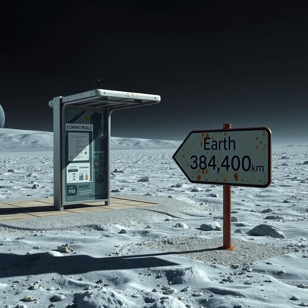 3D Bus Stop on the Moon with Earth Sign