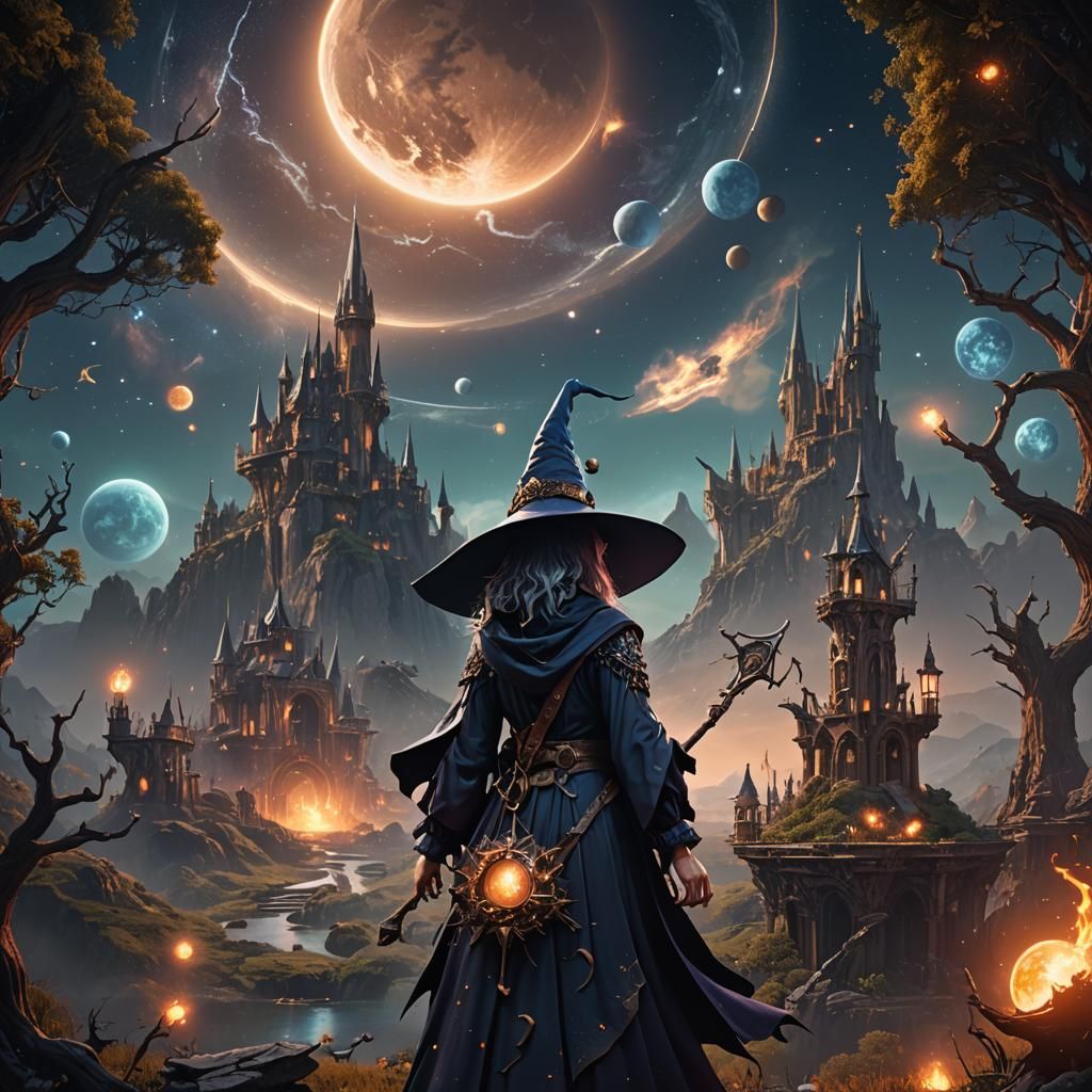 Fantastical Astronomy Witch in Detailed Matte Painting
