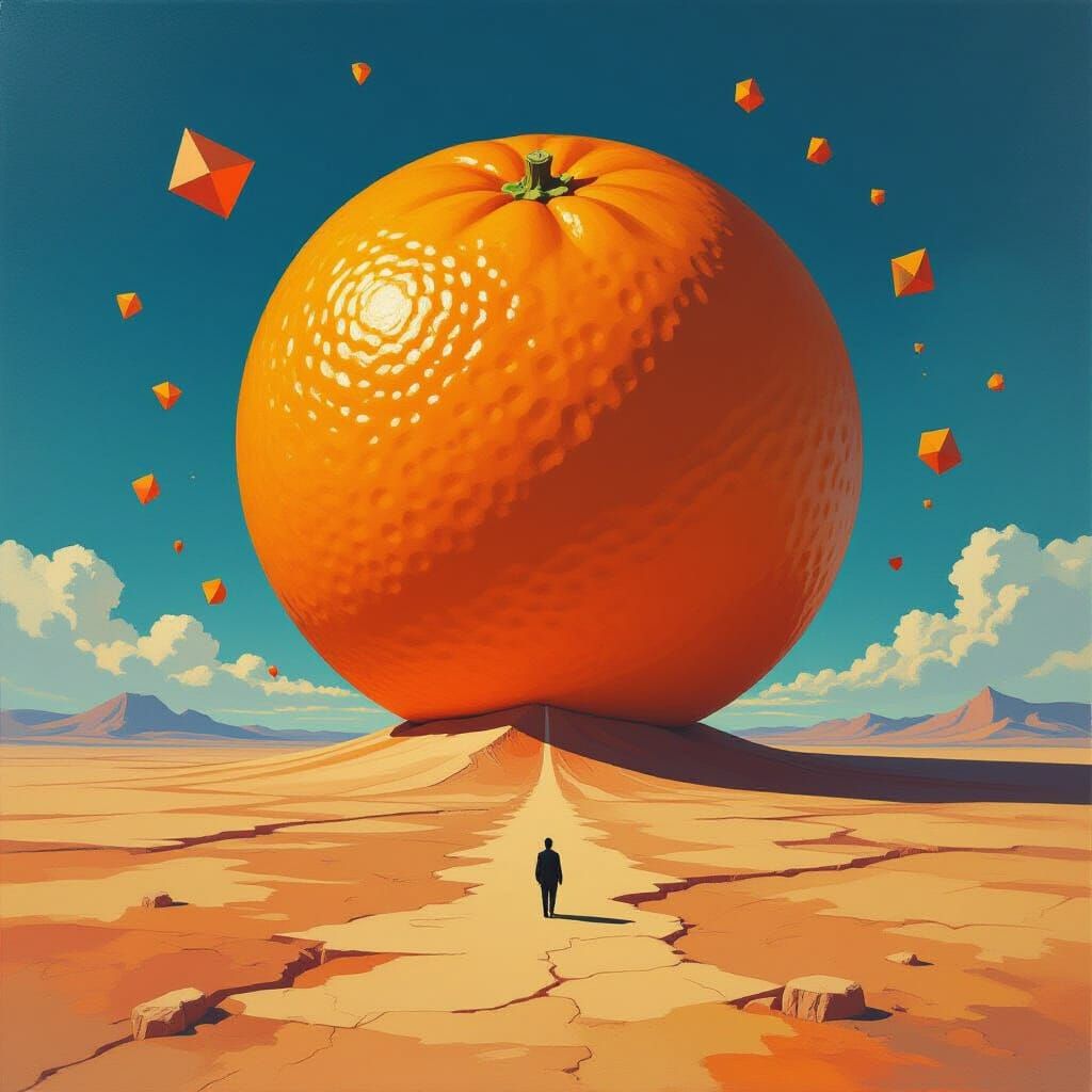 Giant Orange Over Alien Landscape in Surrealist Style