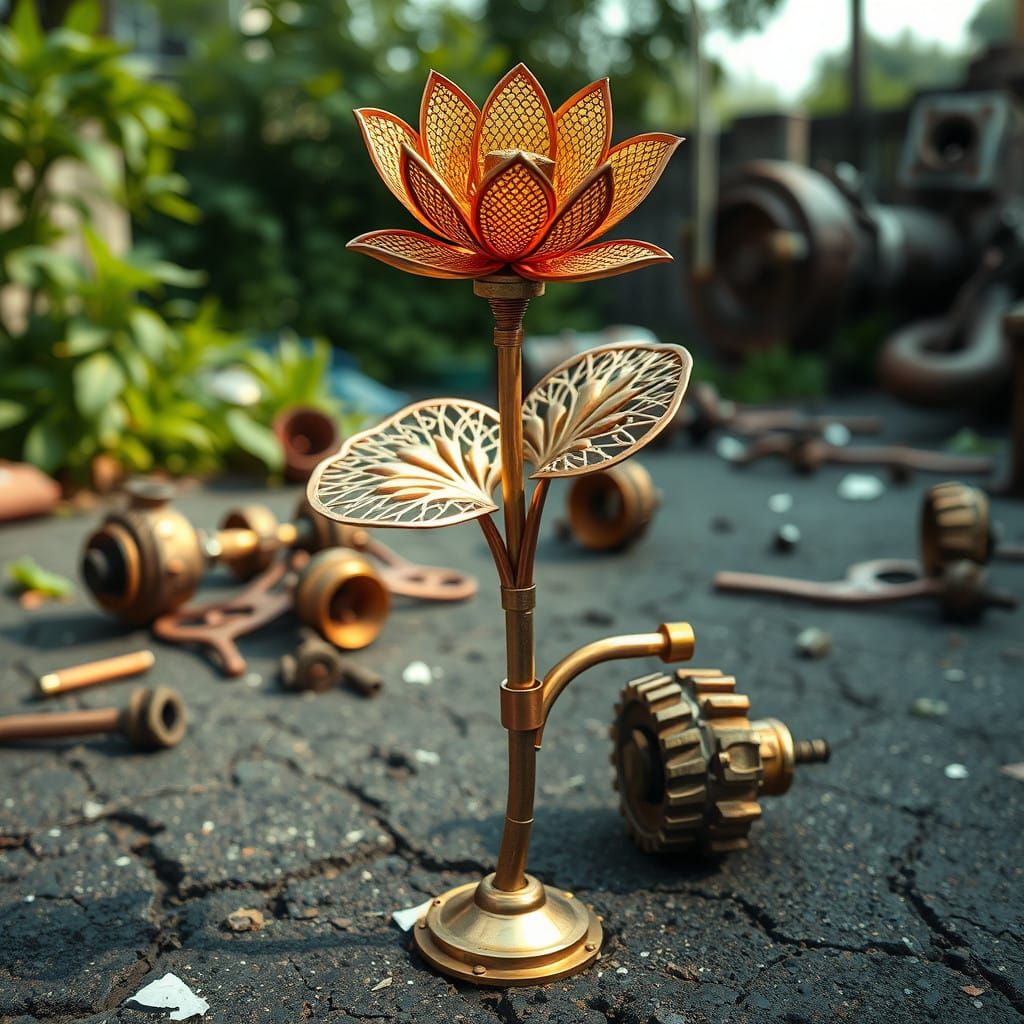 A Copper Flower Blooms Amidst Industrial Decay
