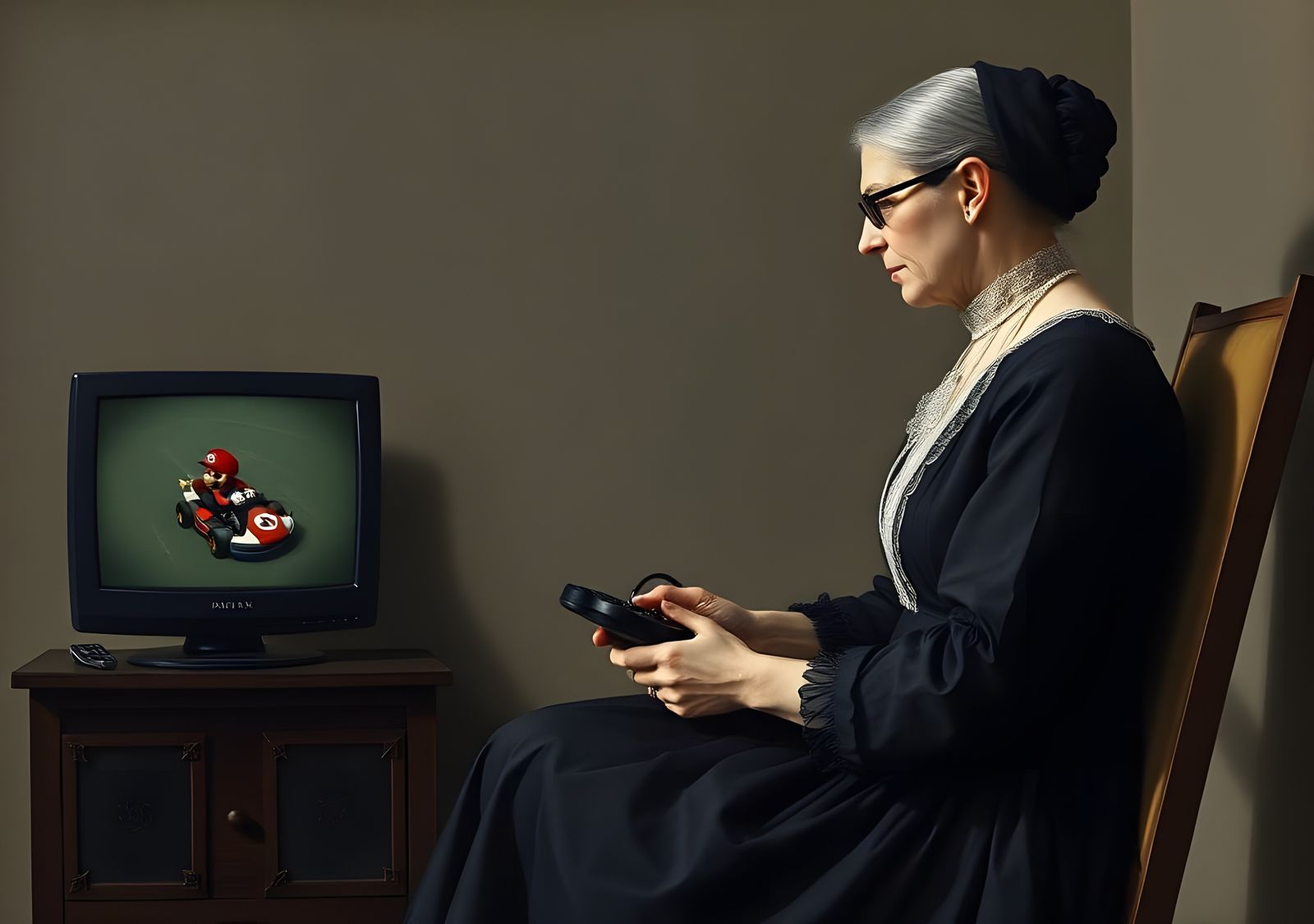 Whistler's Mother playing Mario Kart