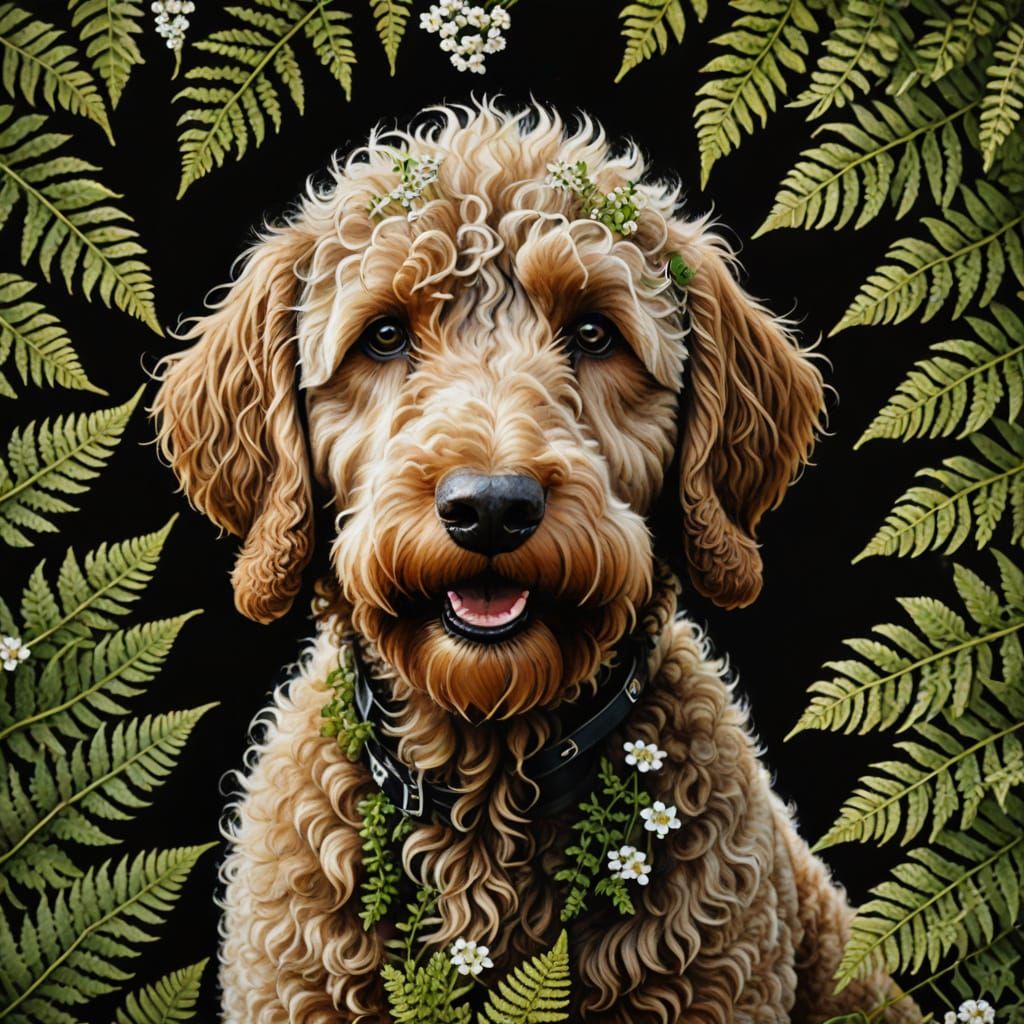 Happy Labradoodle Portrait with Gold Accents