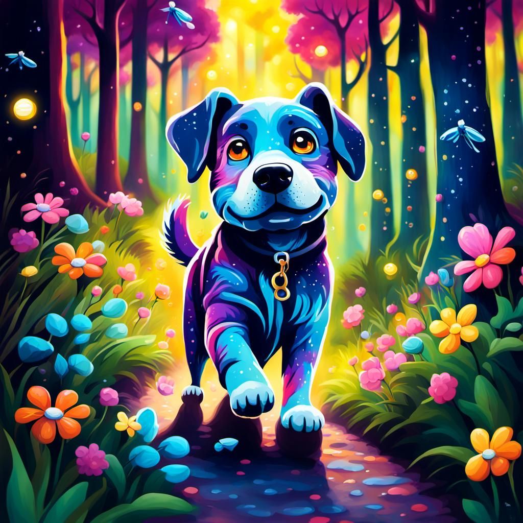 Dog Walks Forest Path in Vibrant Street Art Style