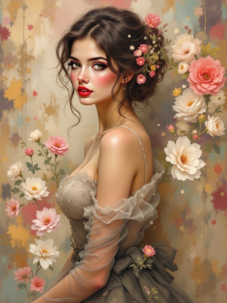 Winsome Pin-Up Art with Floral Accents