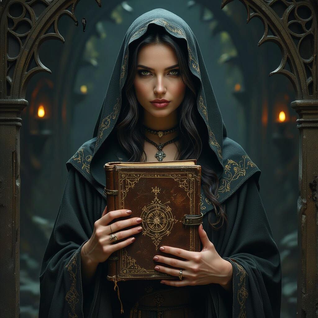 Mysterious Woman with Grimoire in Gothic Horror Style