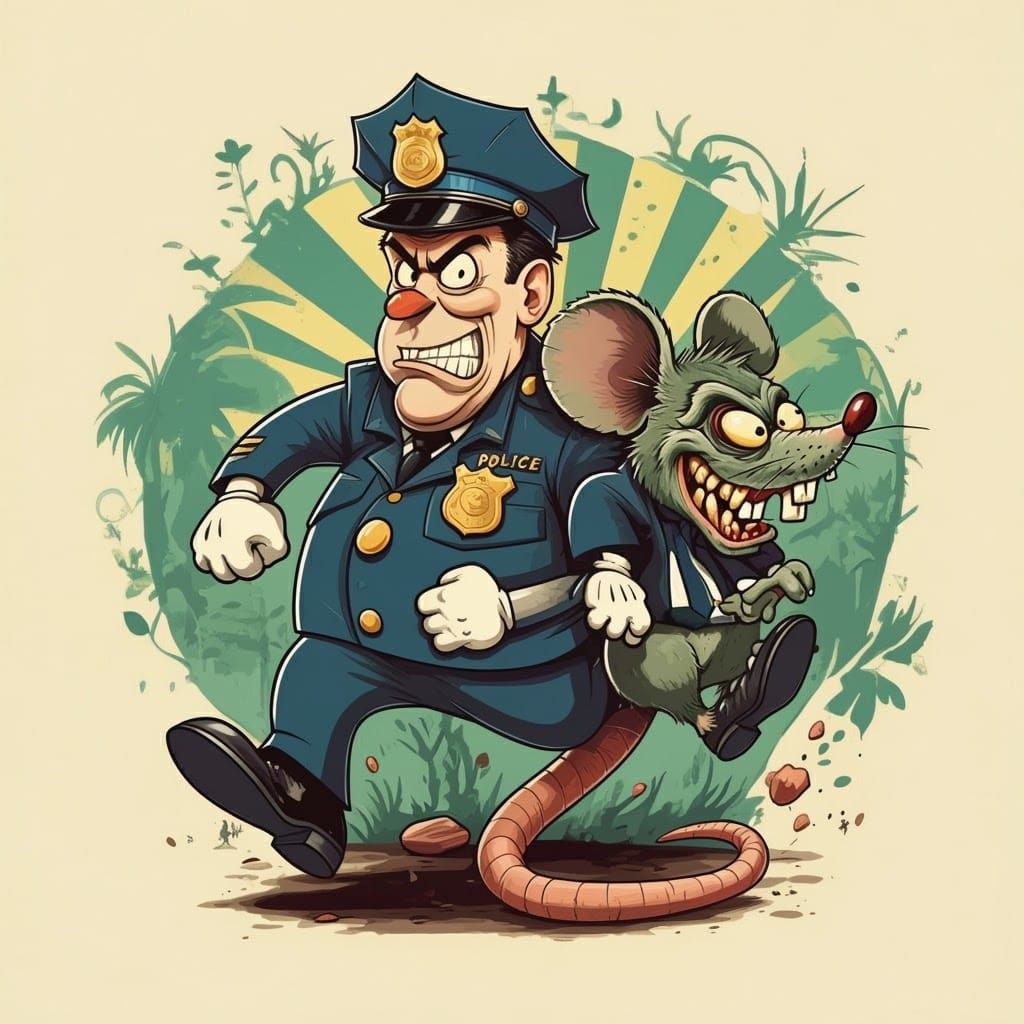 Cartoon Policeman Chasing Rat Fink in Ed Roth Style