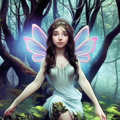 Cute Fairy with Light in Forest: Digital Art