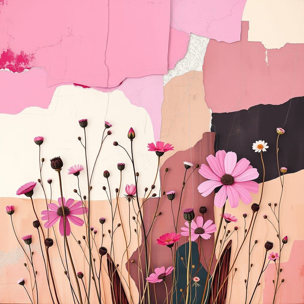 Abstract Wildflowers in Pink, Cream, and Silver