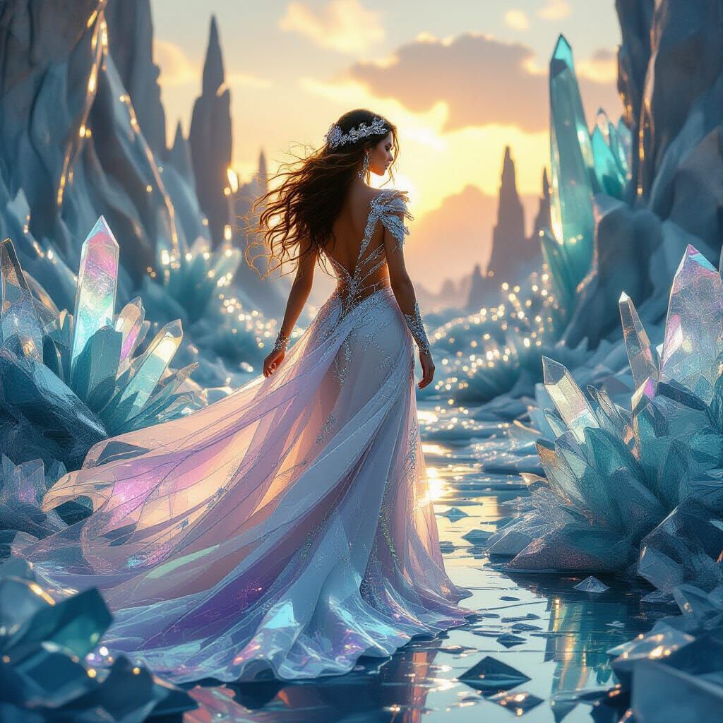 Luminous Woman in Crystalline Landscape, Digital Art