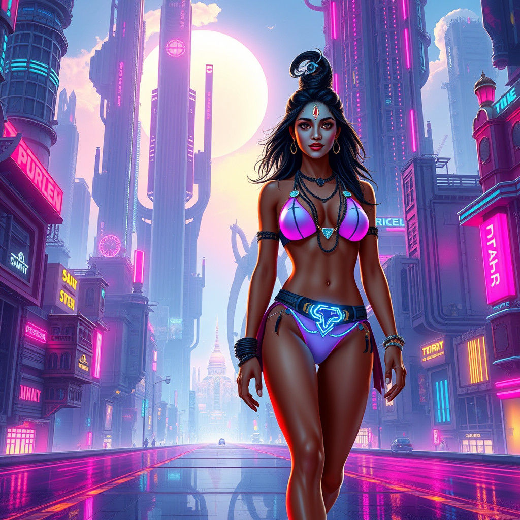Cyberpunk Sci-Fi: Indian Woman and Shiva in Sky City