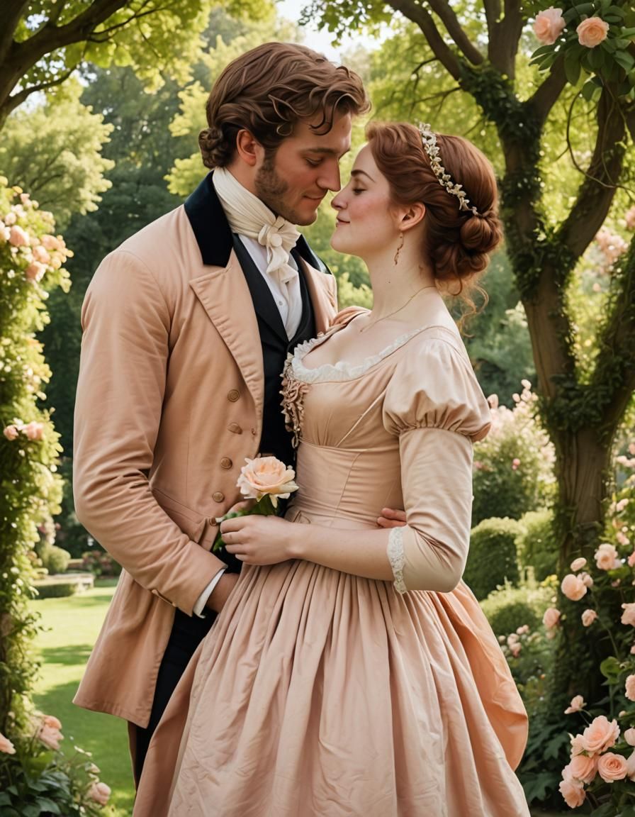 Regency Woman Kisses Man in Garden Parlor