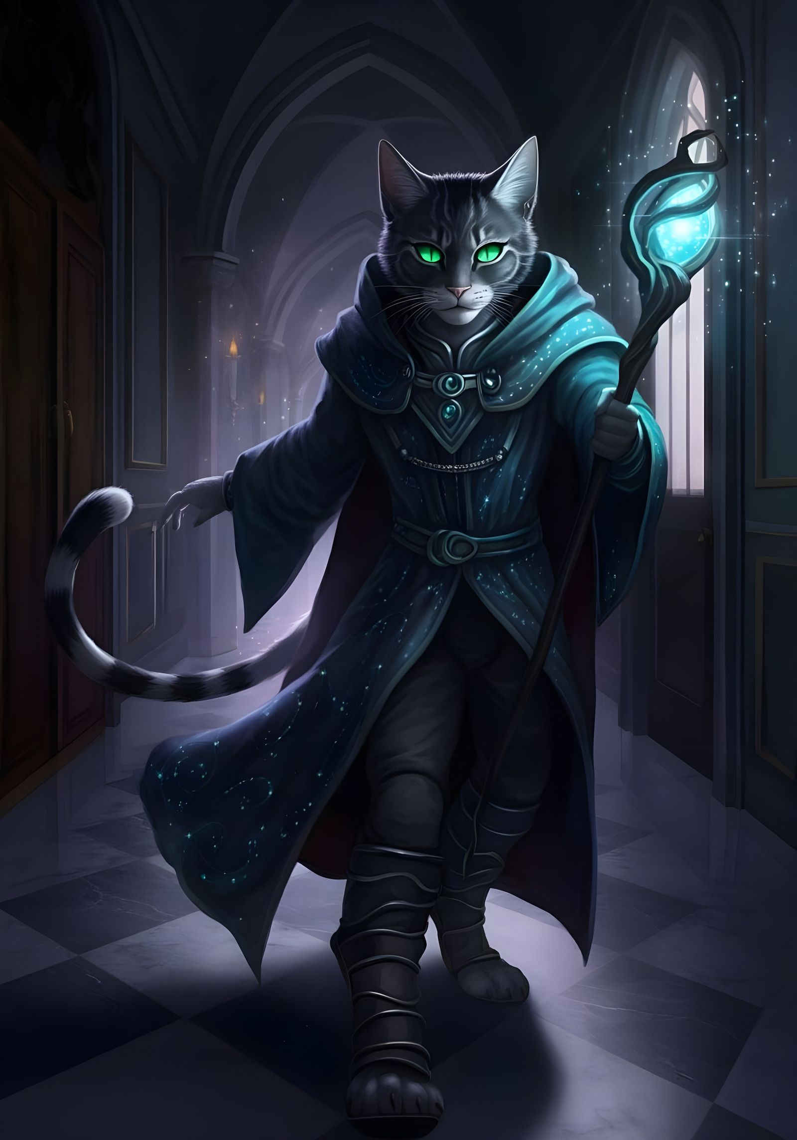Cat Magician in Gothic Hallway Slides in Emergency