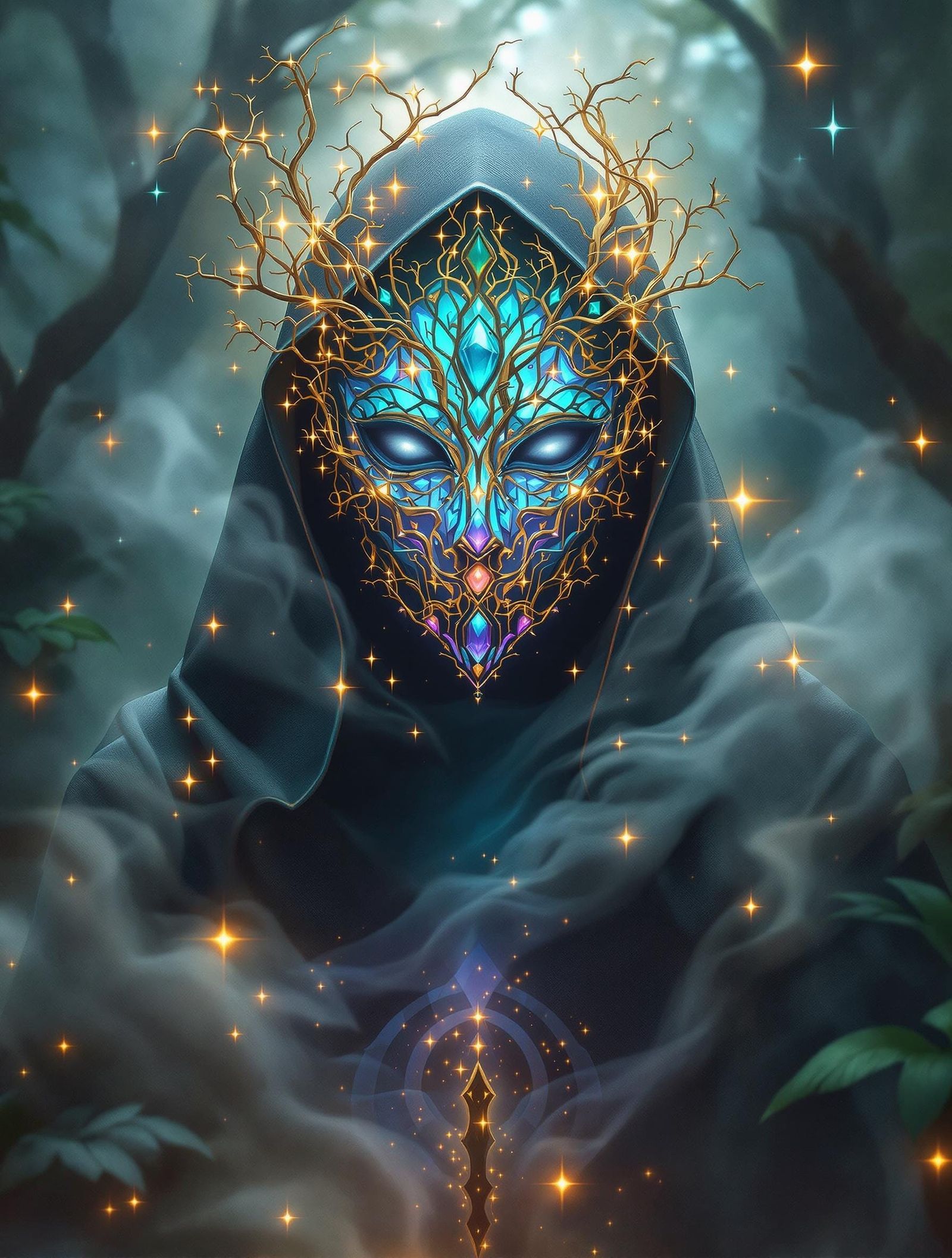 Enigmatic Figure in Radiant Glass Mosaic