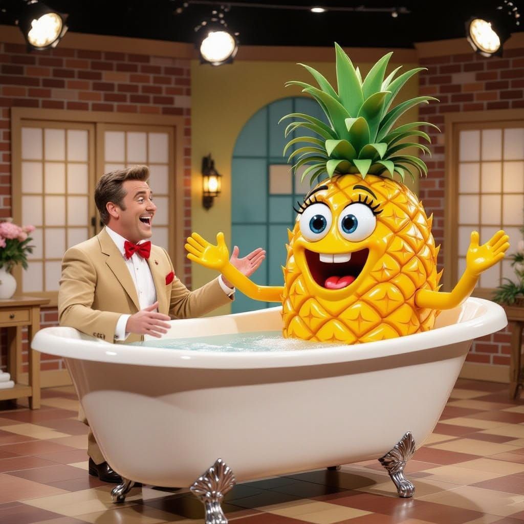 Whimsical 1980s TV Show Scene with Pineapple Character
