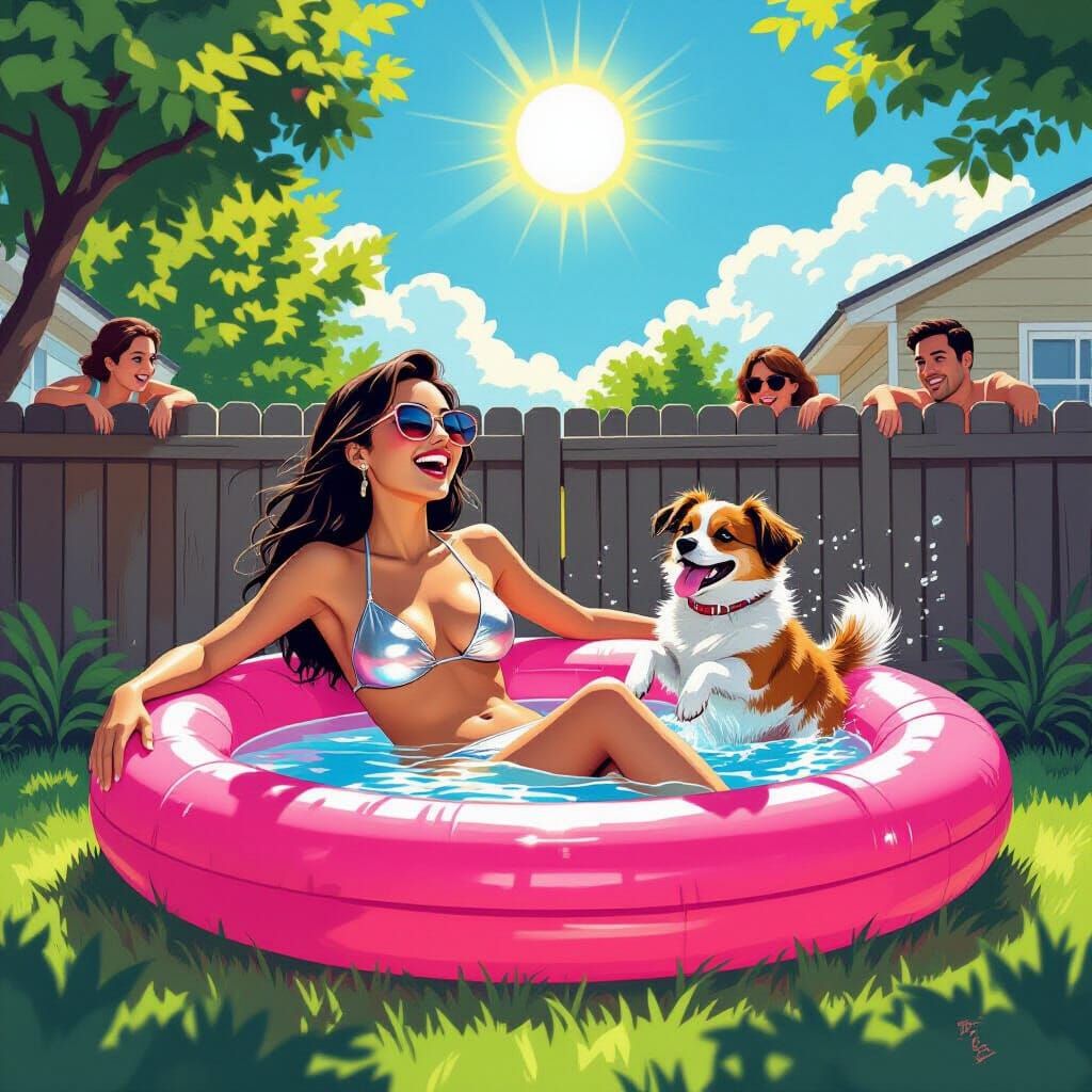 Woman Laughs as Dog Jumps into Pink Pool in Vintage Pulp Art...