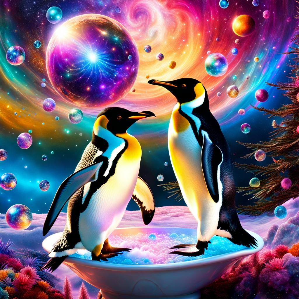 Penguins in Space Bath Bubbles: Astral Illustration