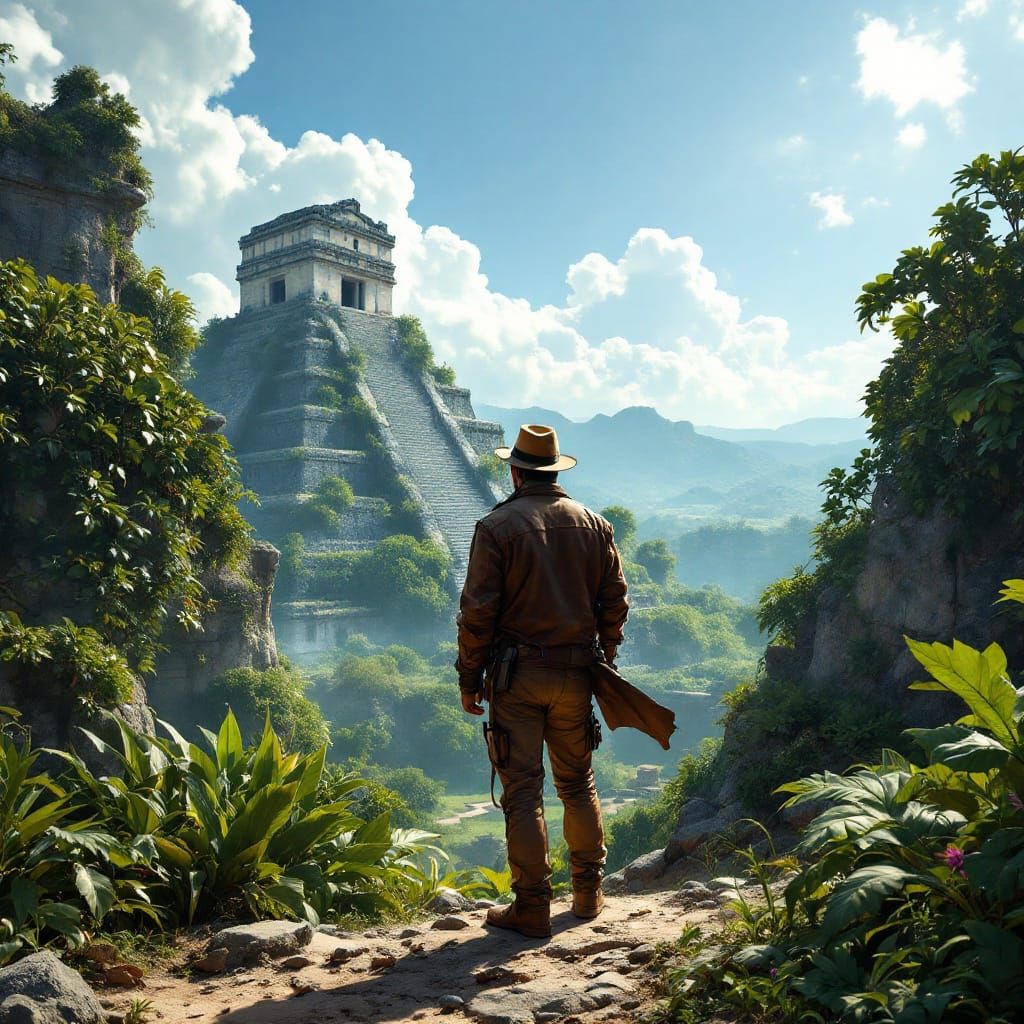 Archaeologist at Mayan City in Atmospheric Digital Art