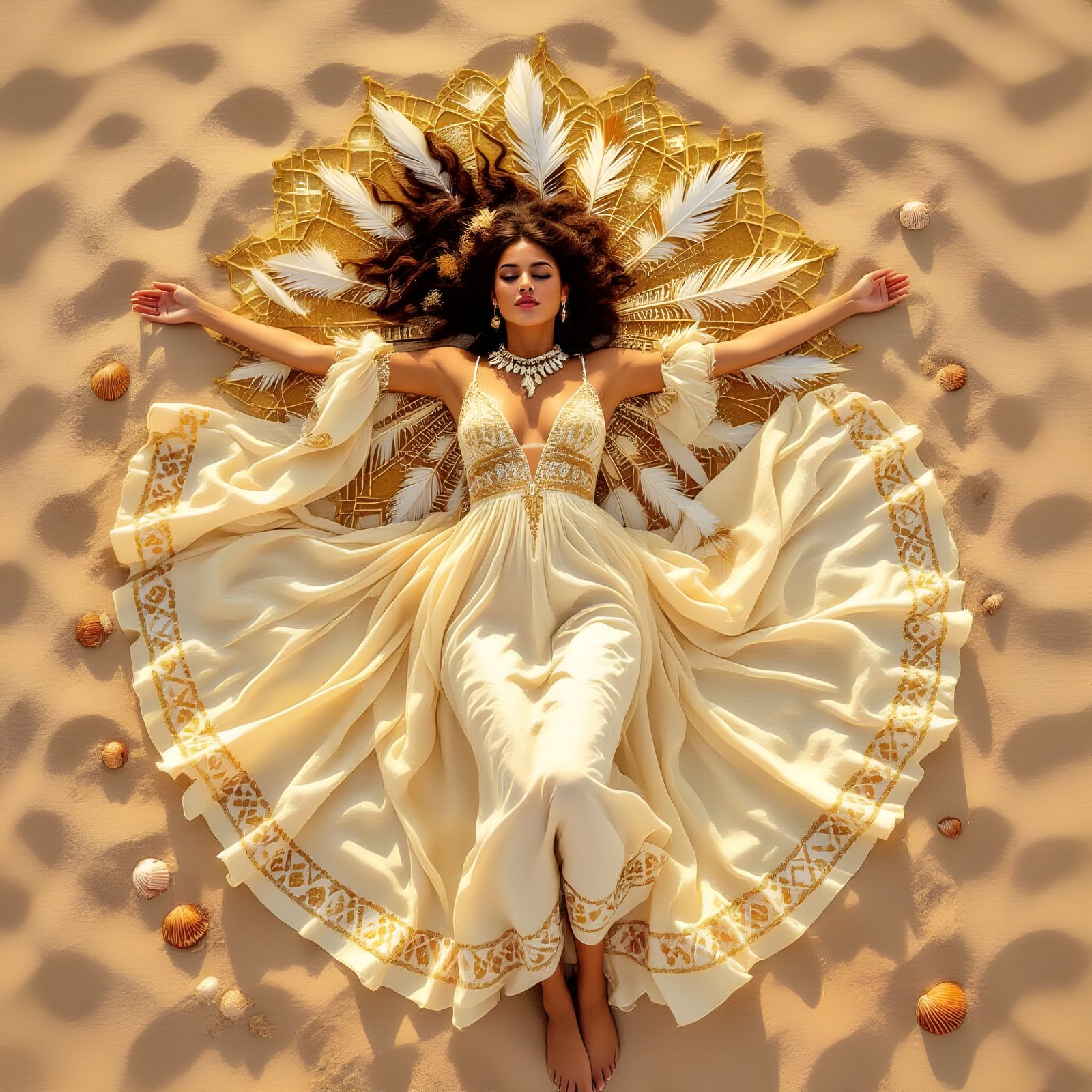 Bird's eye view of a radiant sun goddess