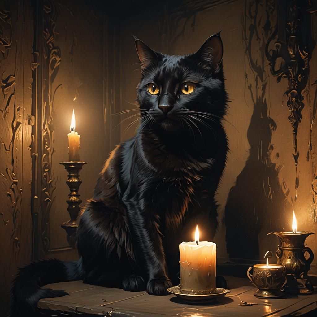 Eerie Black Cat Grin in Rembrandt Lighting
