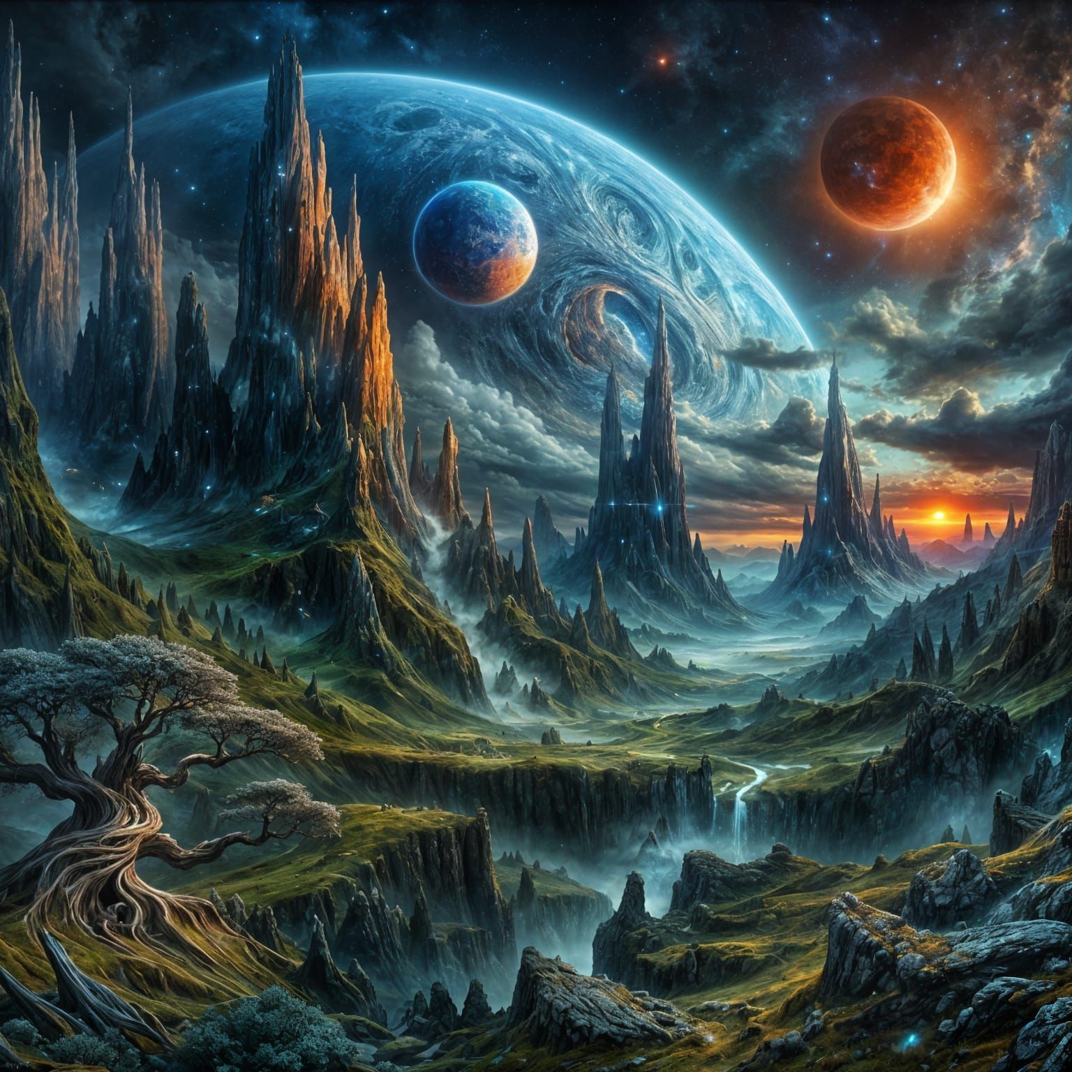 Dramatic Alien Landscape with Celestial Bodies