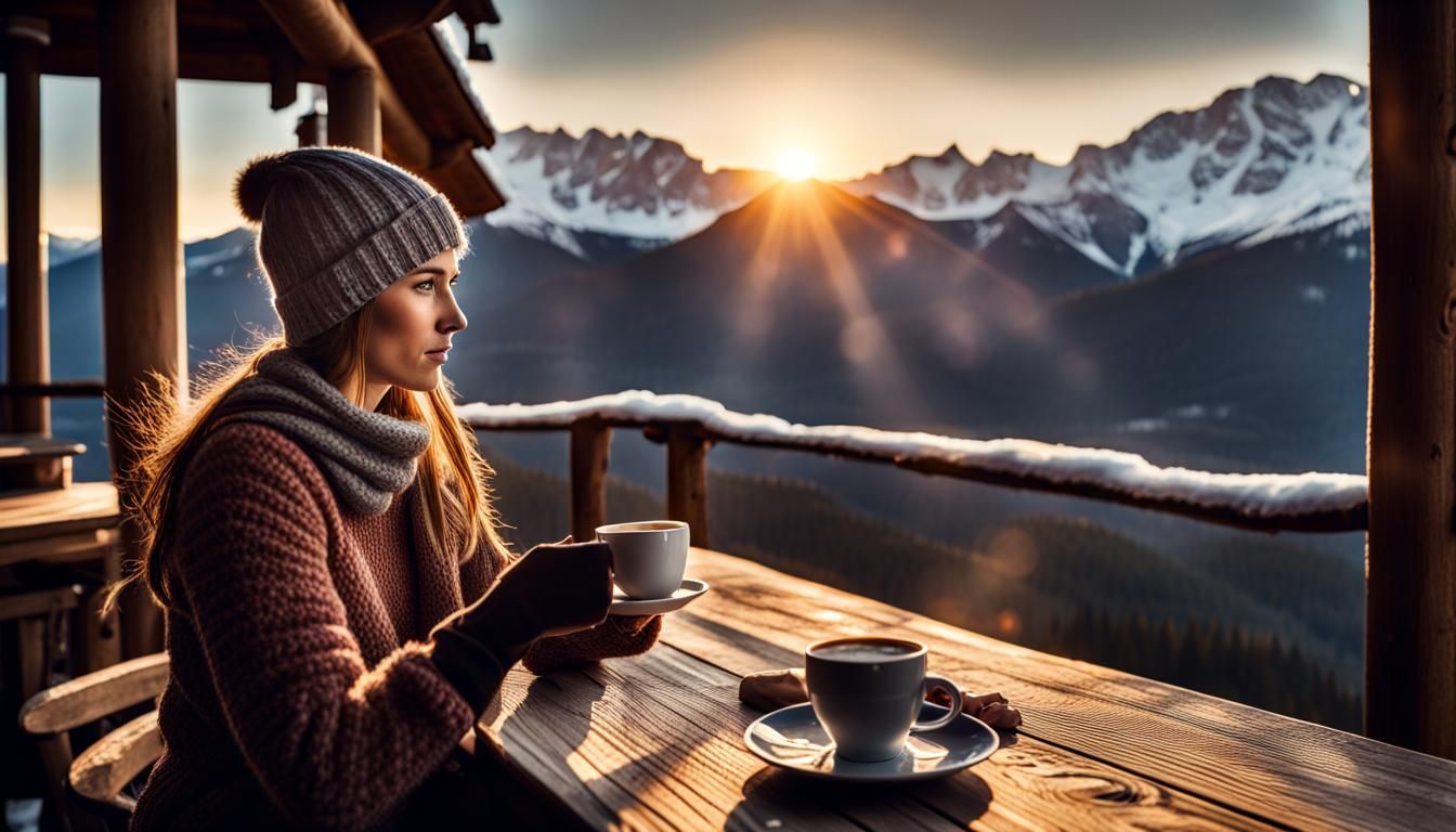 Woman Serves Coffee on Snowy Mountain Terrace