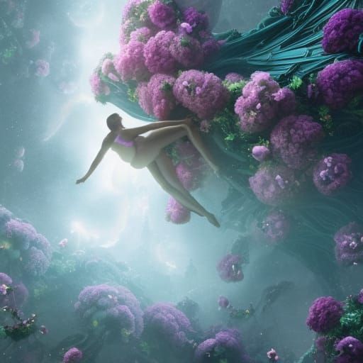 Cosmic Figure Descending Among Floating Flowers