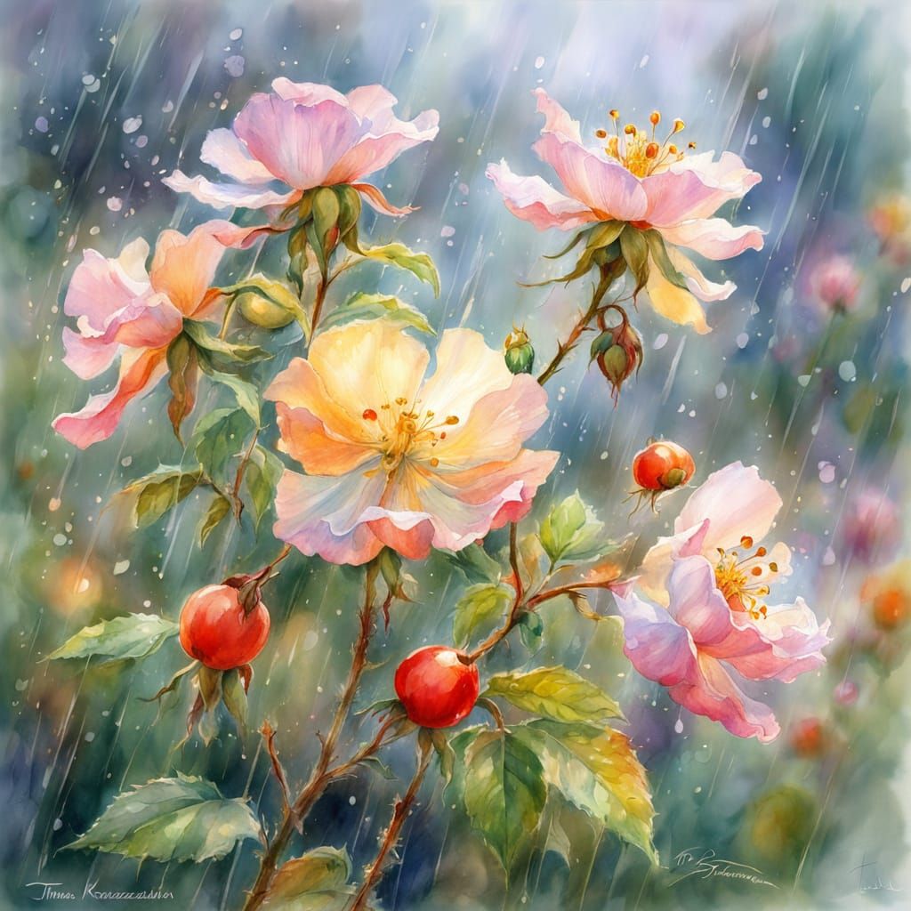Whimsical Watercolor Rosehip in Rainy Bloom