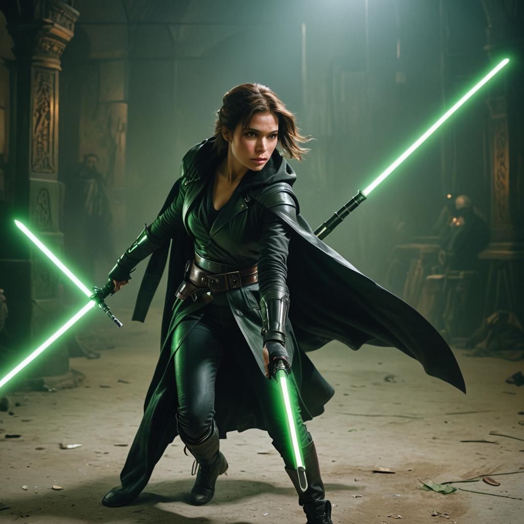 Woman with Green Saber in Hyper-Realistic Movie Still