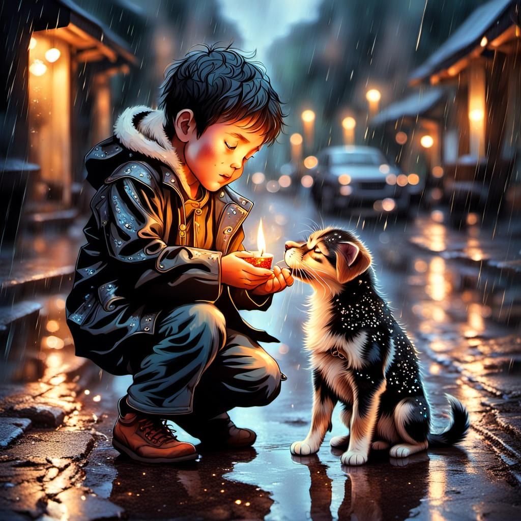 Boy Helping Puppy in Rain, Fantasy Art