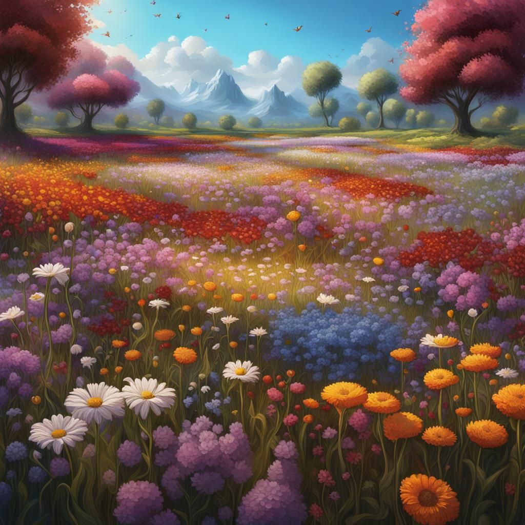 Colorful Flower Field as Detailed Matte Painting