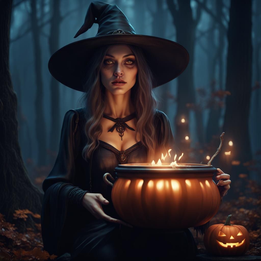 Halloween Witch in Woods: Detailed Matte Painting