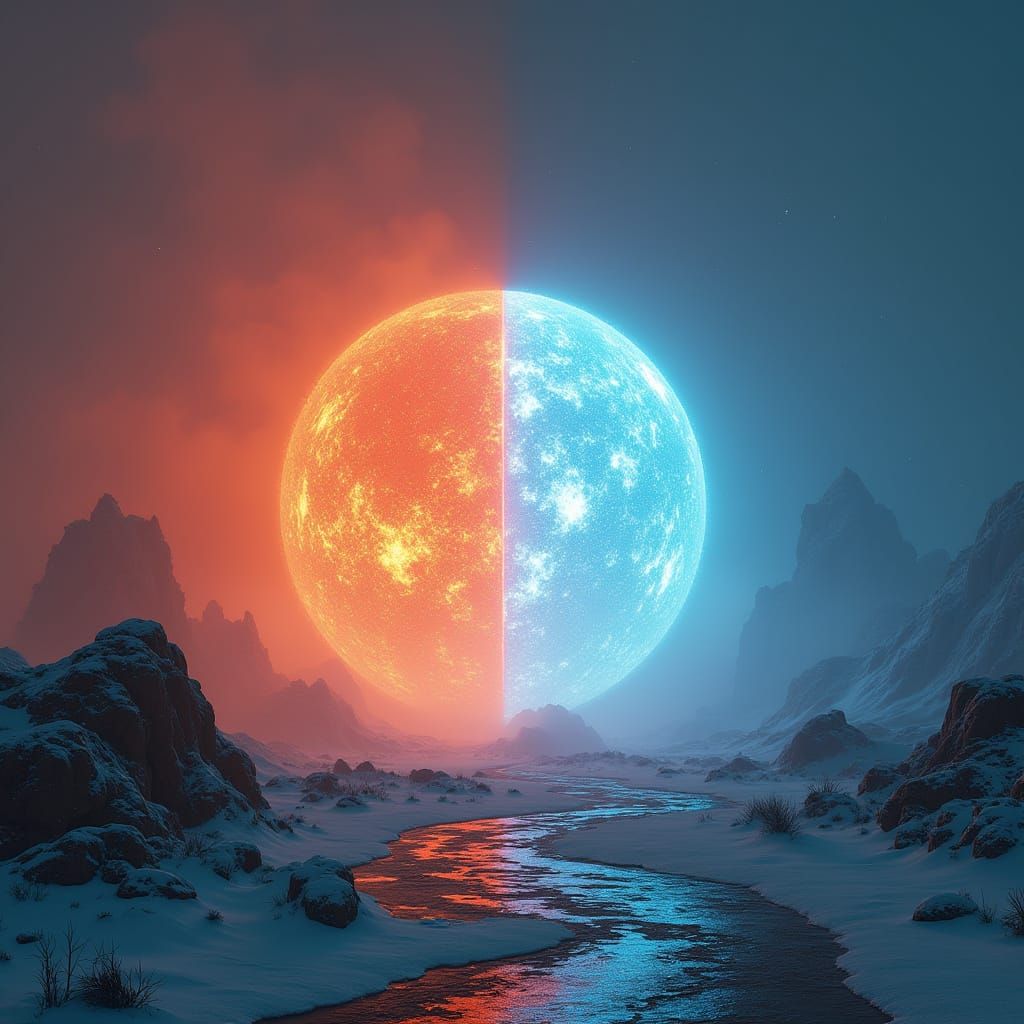 Fire vs Ice Elementals in Neon Cyberpunk Desert and Snow