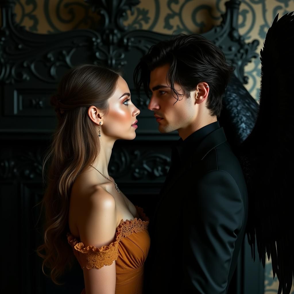 Gothic Romance: Woman and Dark Angel in Ornate Setting