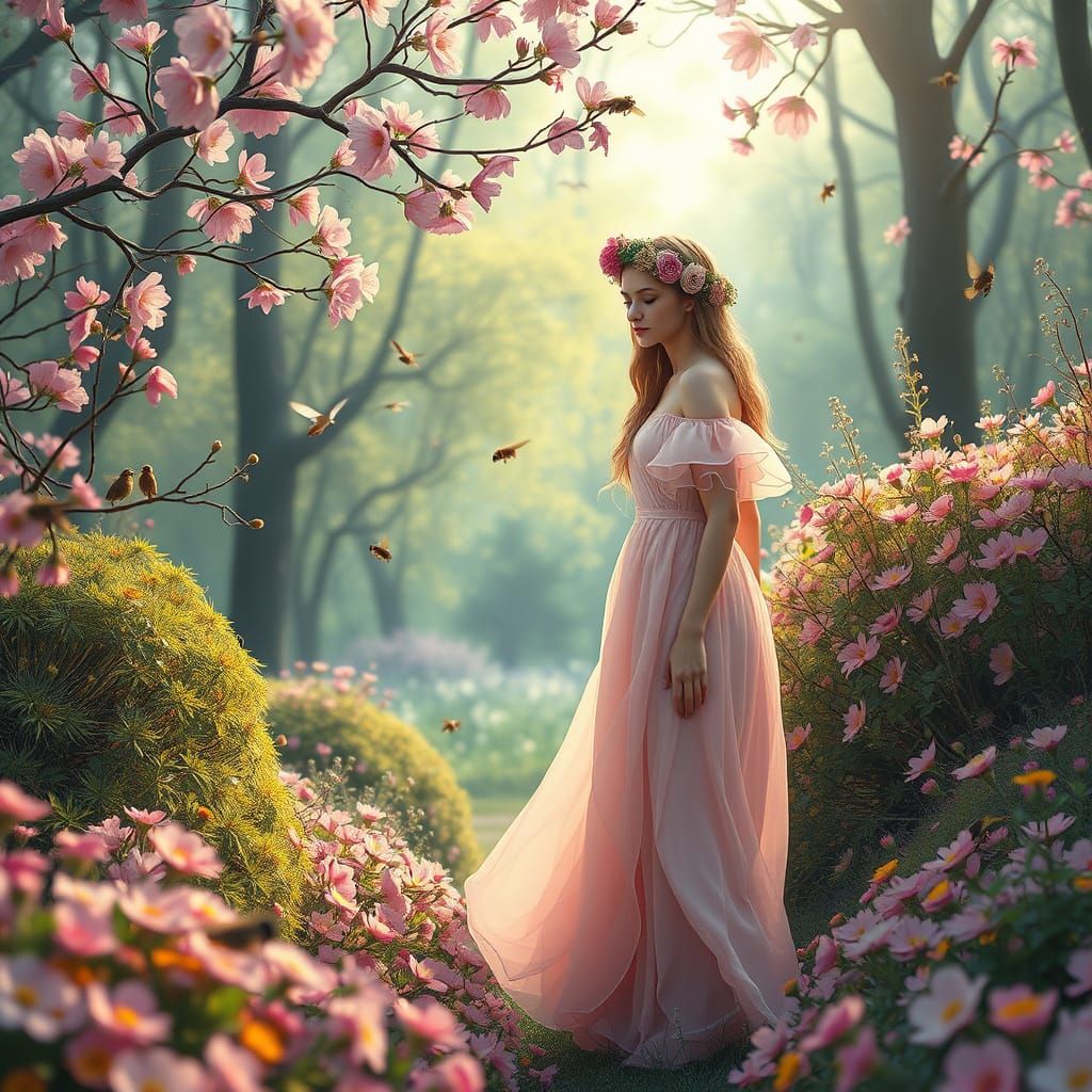 Whimsical Woman in a Secret Spring Forest Glade