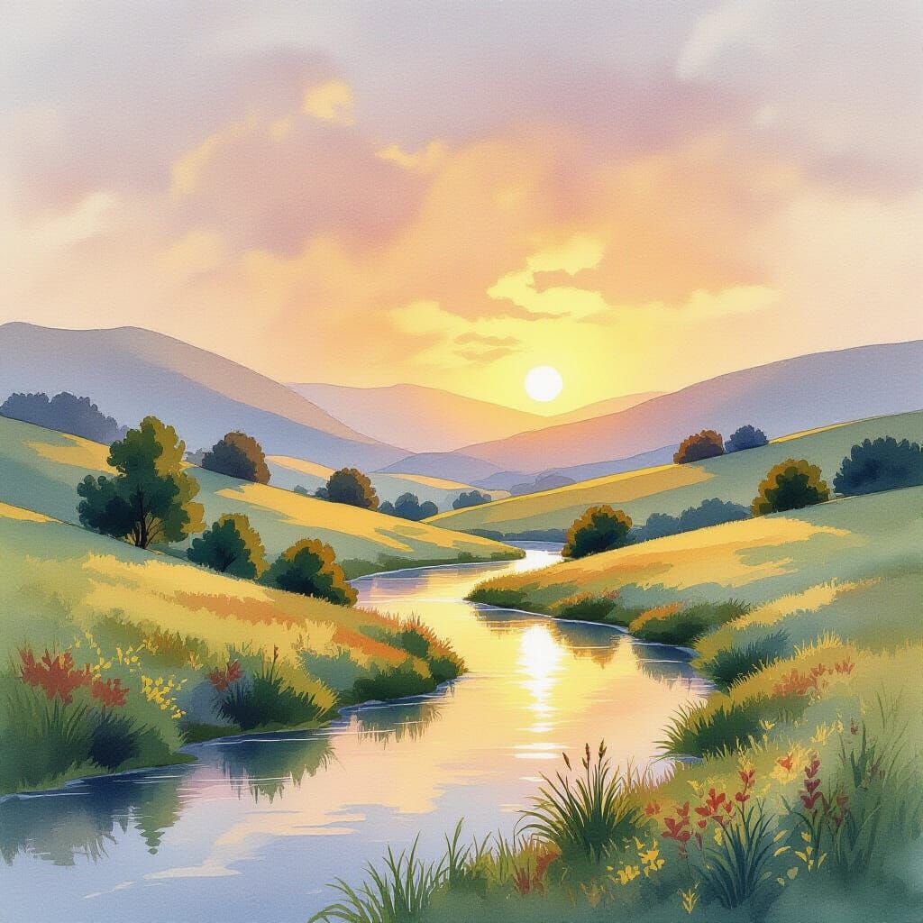 Watercolor Sunset Over Rolling Hills Landscape