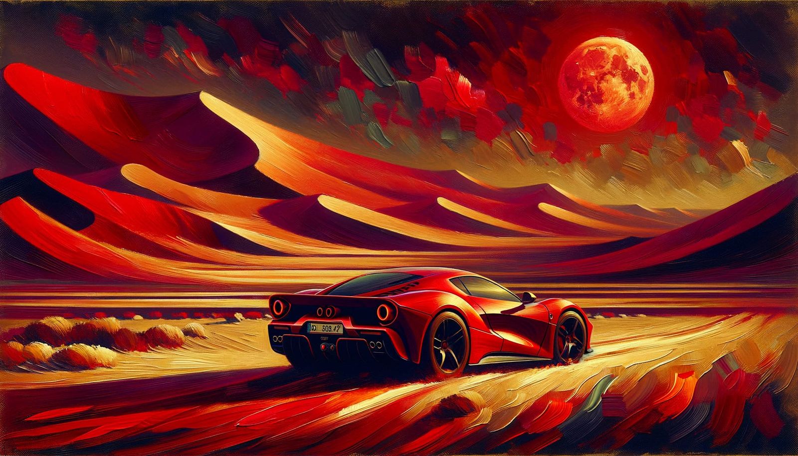 German Expressionist Oil Painting of a Red Sports Car