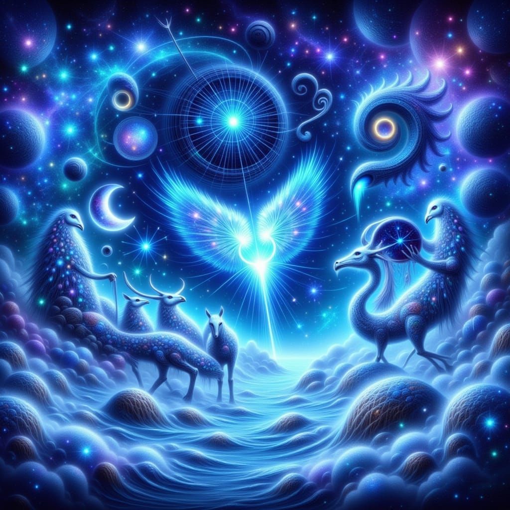 Vibrant Blue Zodiac Constellations in a Dreamy Celestial Sce...