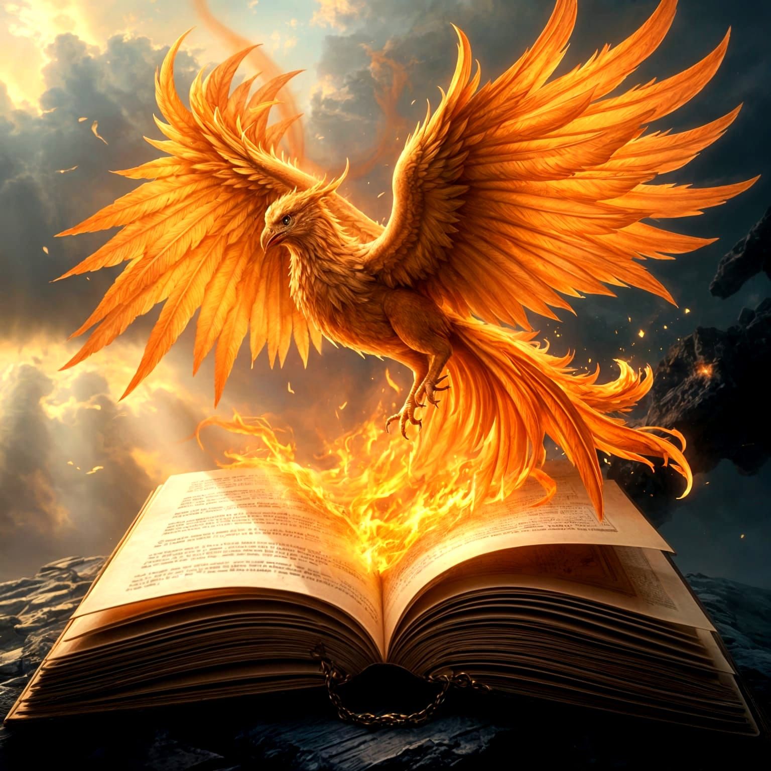 A phoenix rising from the pages of an open book.