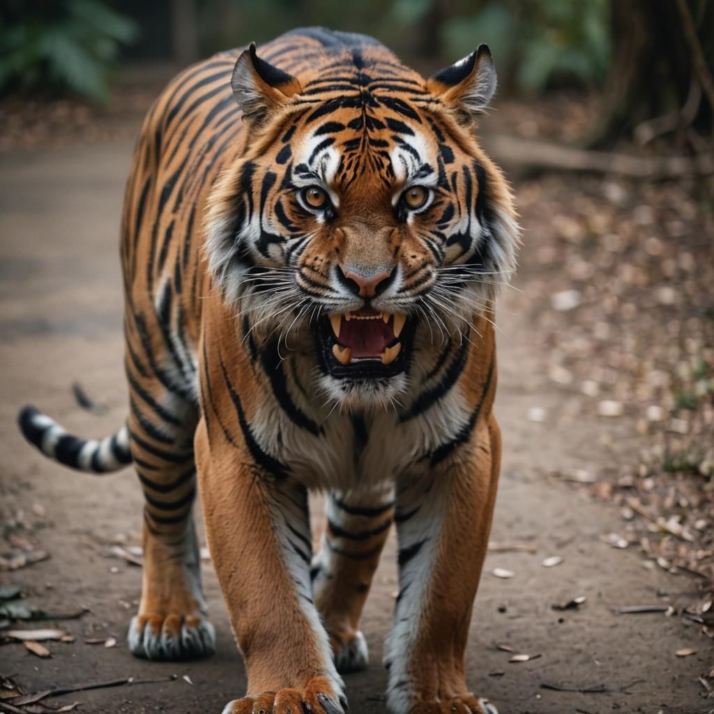 A striking close-up photo of a powerful, wild tiger. Its eye...