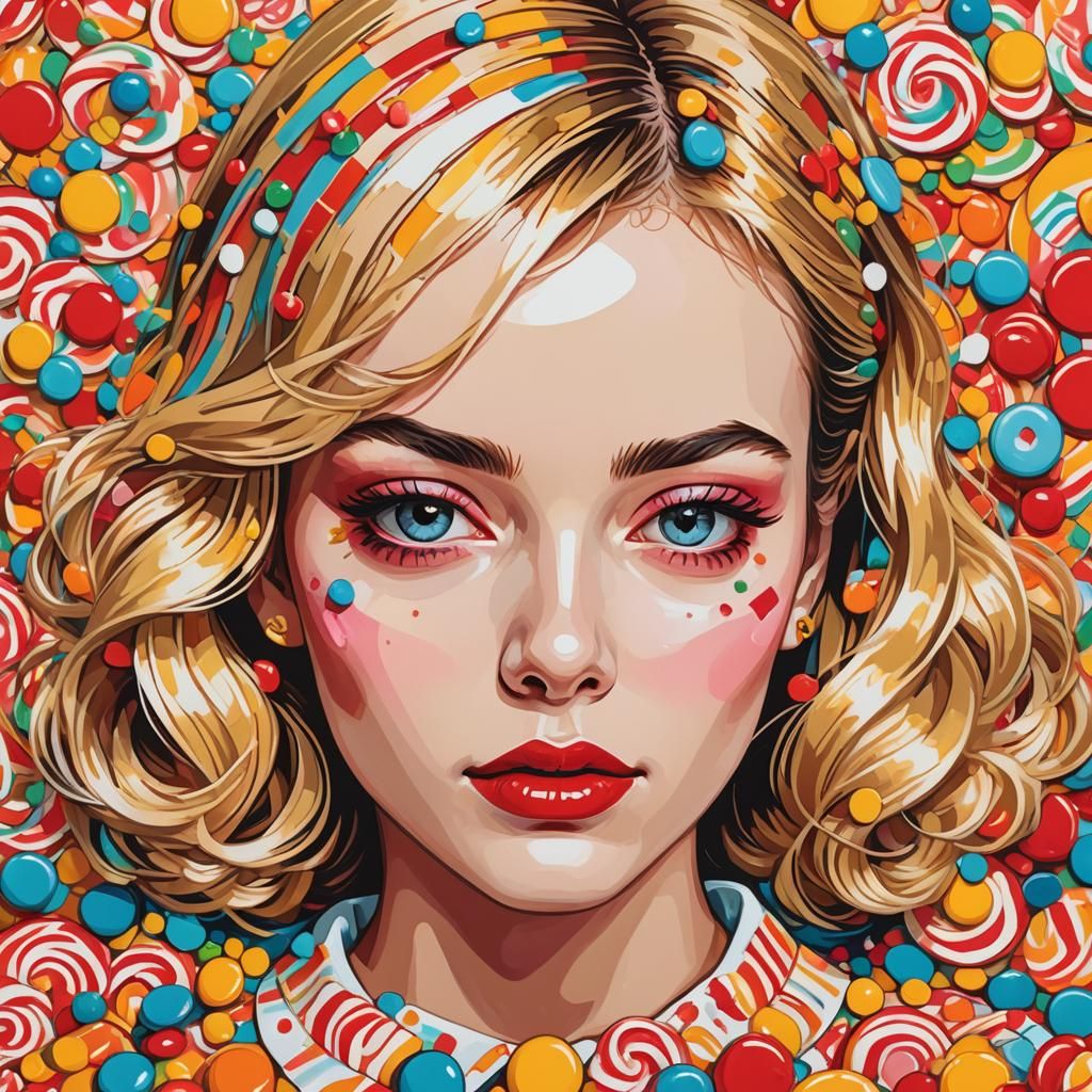 Pop Art Portrait of a Girl Surrounded by Candy